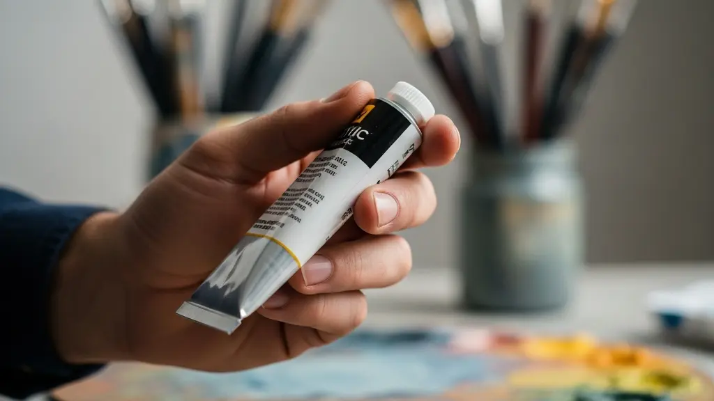 Main d'artiste tenant un tube de peinture acrylique avec focus sur les symboles d'opacité