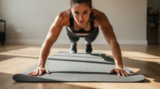 Personne en position de gainage sur un tapis de yoga antidérapant dans un espace lumineux
