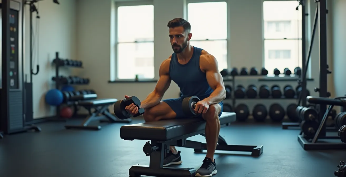 Vue latérale d'un athlète exécutant la technique du rock-up pour sortir du développé couché avec haltères en toute sécurité