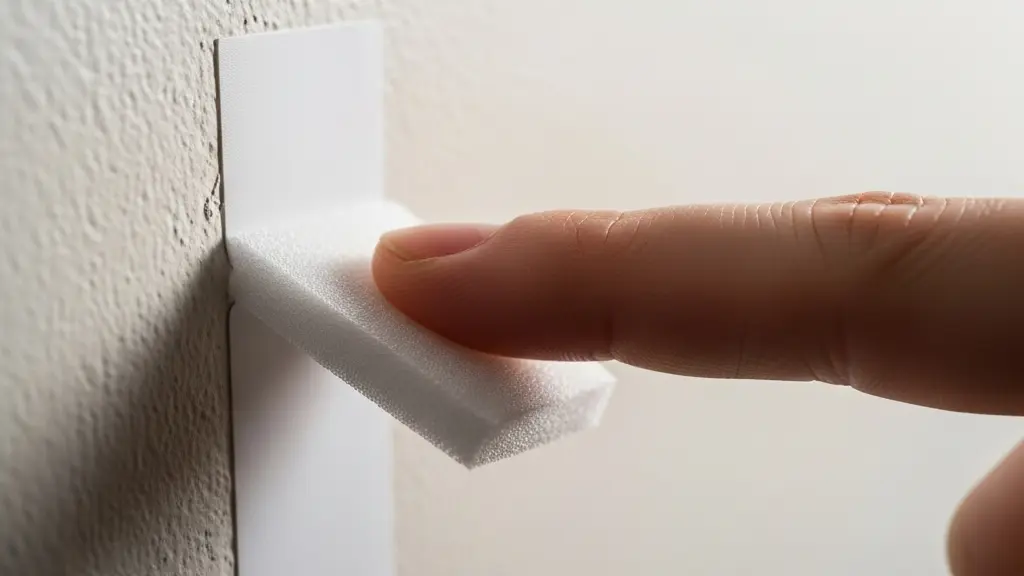 Gros plan sur une bande adhésive de fixation murale pressée sur un mur peint, illustrant une pose sans perçage.