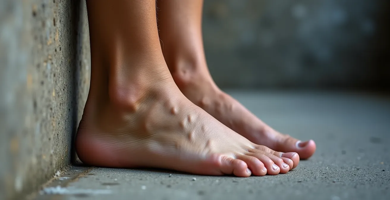 Démonstration du test genou-mur pour évaluer la mobilité de la cheville, un facteur clé pour des fentes sécuritaires.