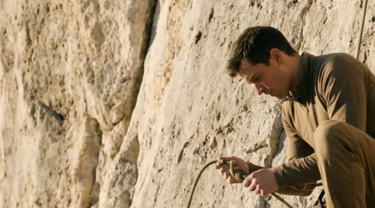 Un grimpeur au pied d’une falaise prépare sa corde, avec l’entrée de la paroi et du ciel en arrière-plan laissant de l’espace libre.