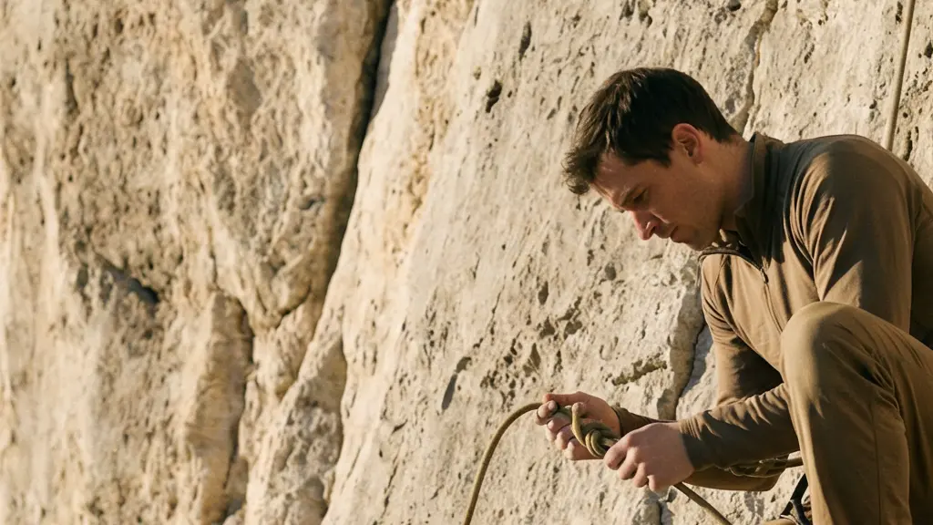Un grimpeur au pied d’une falaise prépare sa corde, avec l’entrée de la paroi et du ciel en arrière-plan laissant de l’espace libre.