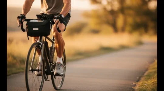 Cycliste pédalant en douceur sur un sentier naturel avec mouvement fluide des articulations