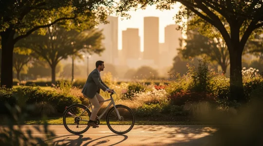 Cycliste en costume pédalant en ville au coucher du soleil avec un air apaisé