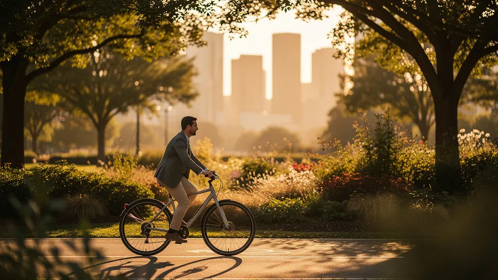 Cycliste en costume pédalant en ville au coucher du soleil avec un air apaisé
