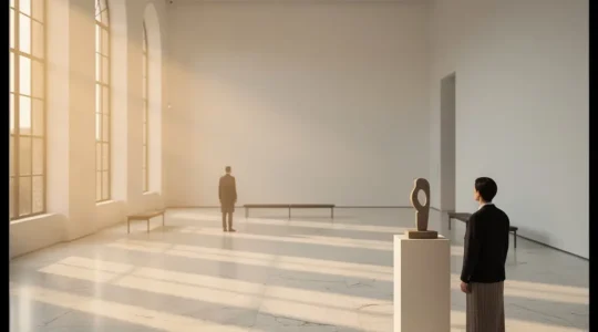 Visiteurs dans une galerie de musée baignée de lumière naturelle contemplant une œuvre d'art en toute tranquillité